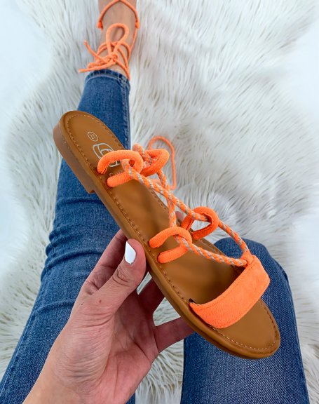 Orange sandals in suedette with long two-tone straps