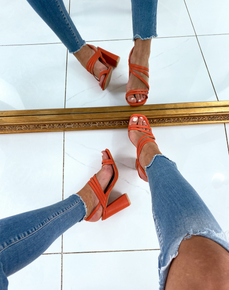 Orange sandals with thin straps and square heel