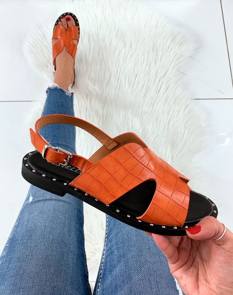 Orange snake print sandal with studded sole