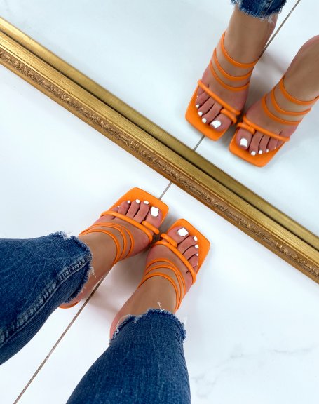 Orange Strappy High Heel Toe Loop Sandals