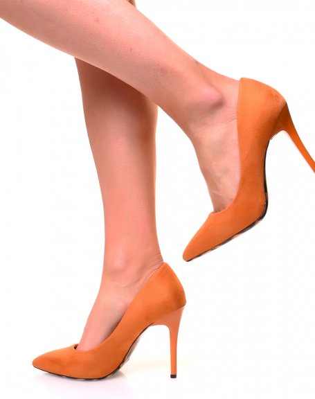 Orange suede pumps with leopard soles
