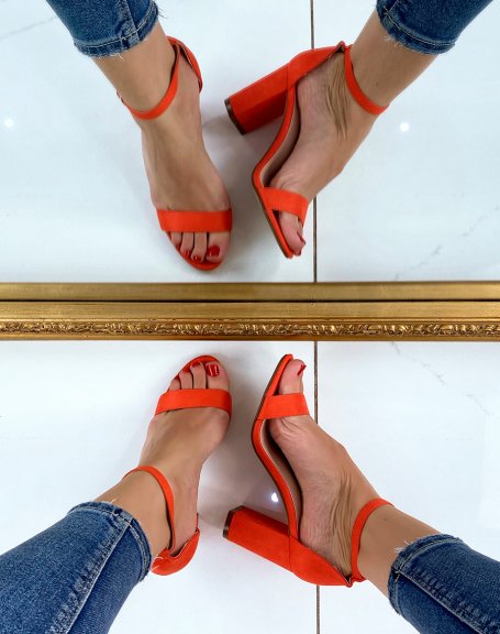 Orange suedette heeled sandals with thin straps
