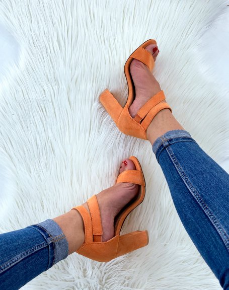 Orange suedette sandals with multiple straps and block heels