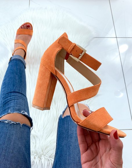 Orange suedette sandals with multiple straps and block heels
