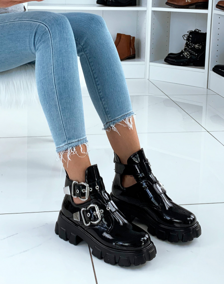 Oversized black patent ankle boots