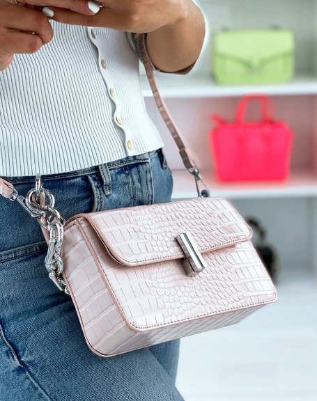 Pale Pink Croc-Effect Chain Shoulder Bag