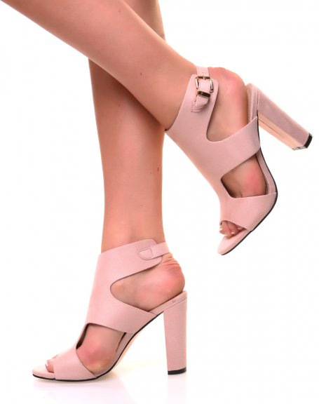 Pale pink openwork suedette sandals with square heels