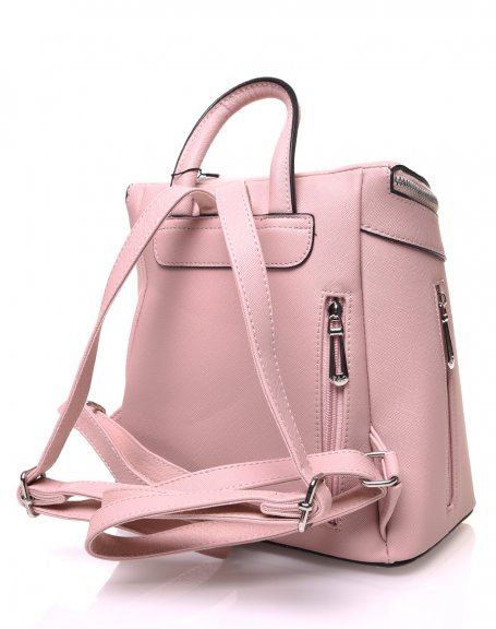 Pale pink rigid backpack with zippers