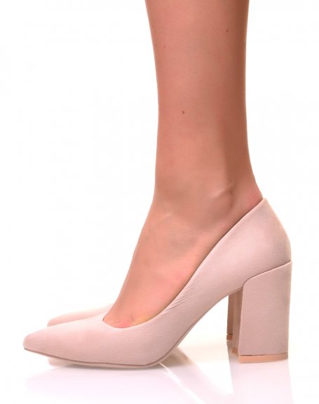 Pale pink suedette pumps with square heels