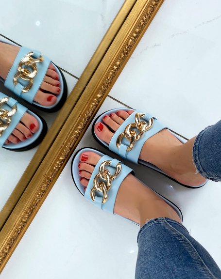 Pastel blue mules with thick strap and large golden chain