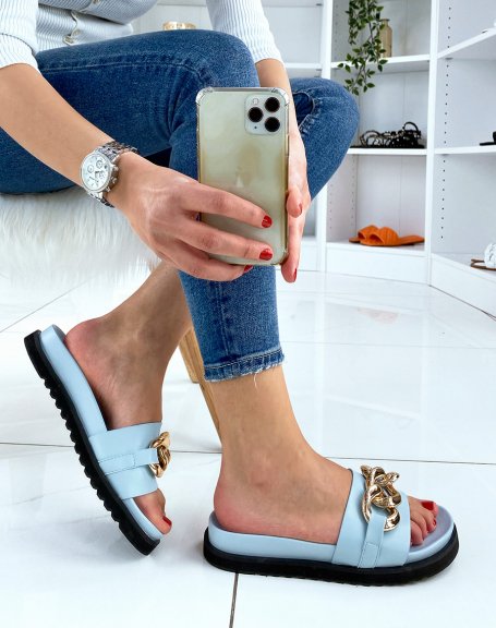 Pastel blue mules with thick strap and large golden chain