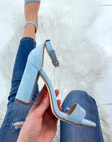 Pastel blue suedette heeled sandals with gold buckle