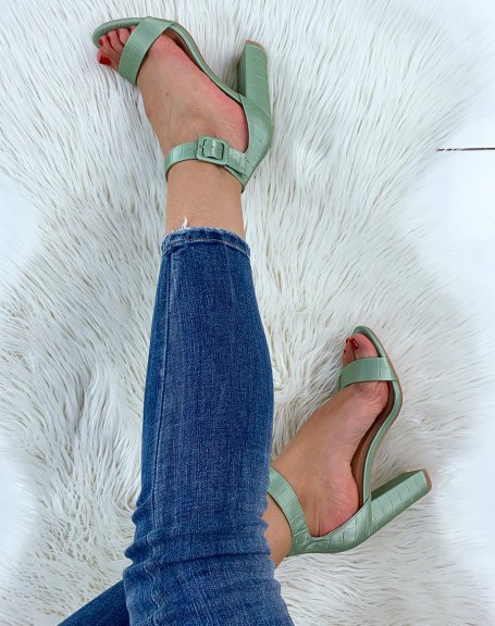 Pastel green croc-effect square buckle heeled sandals