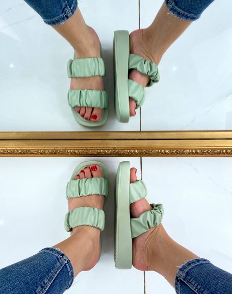 Pastel green flat sandals with gathered straps