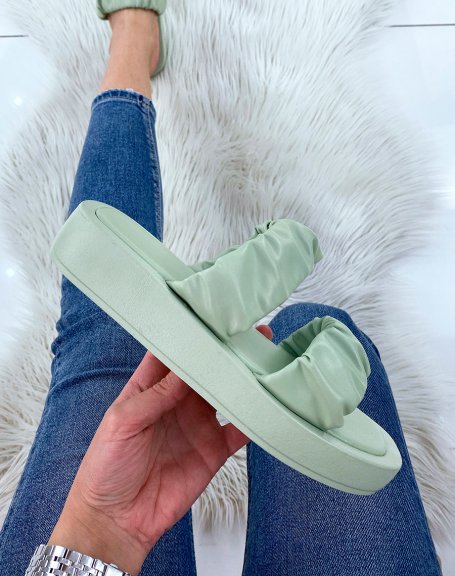 Pastel green flat sandals with gathered straps