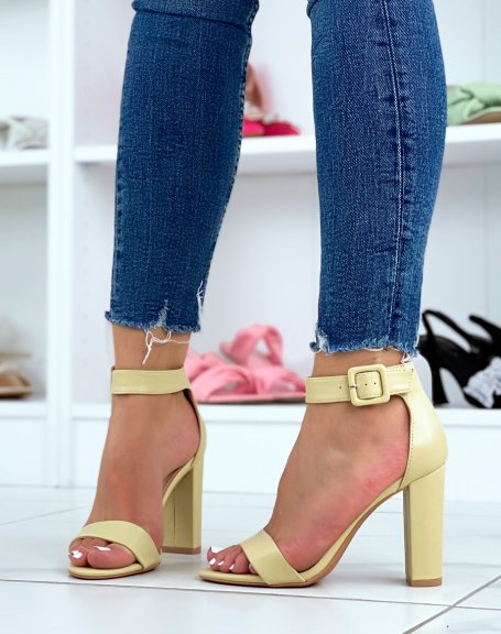 Pastel green heeled sandals with square buckle