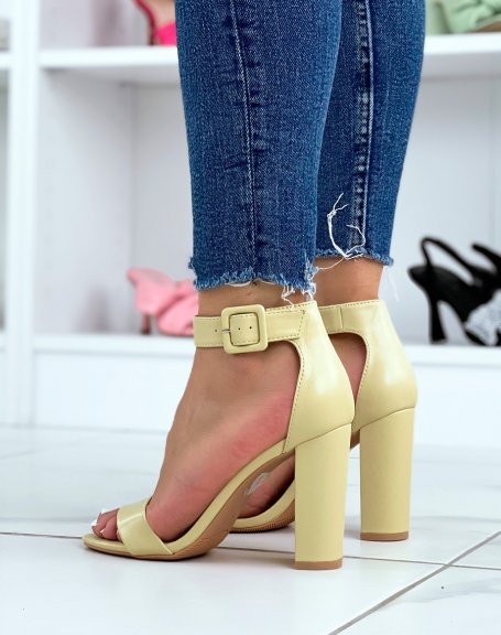 Pastel green heeled sandals with square buckle