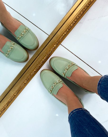 Pastel green loafers with fine gold chain