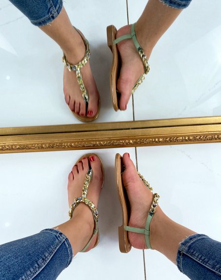 Pastel green sandals with colorful fabrics and golden chain