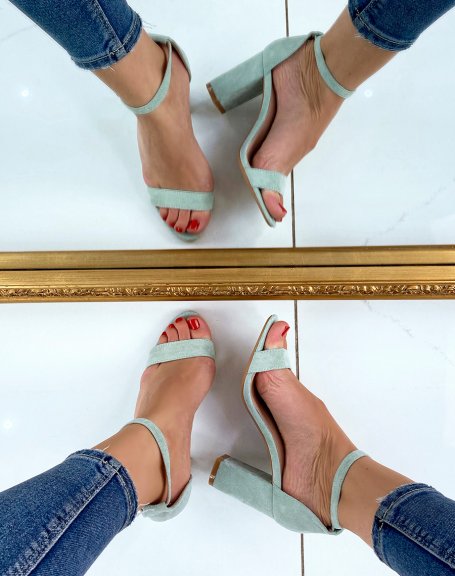Pastel green suedette heeled sandals with thin straps