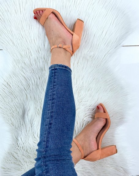 Pastel orange suedette heeled sandals with thin straps