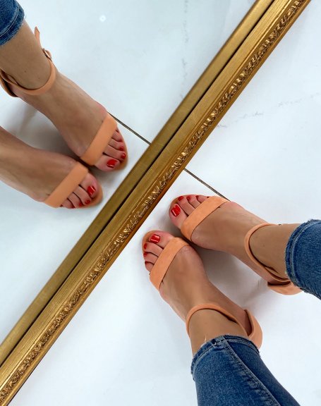Pastel orange suedette heeled sandals with thin straps