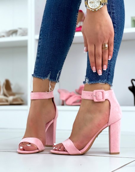 Pastel pink heeled sandals with square buckle
