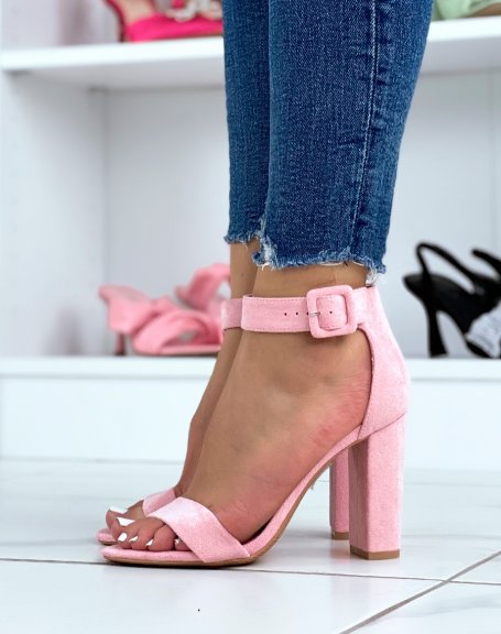 Pastel pink heeled sandals with square buckle