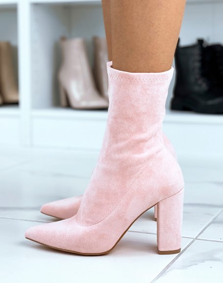 Pastel pink suedette sock-style pointed toe heel ankle boots