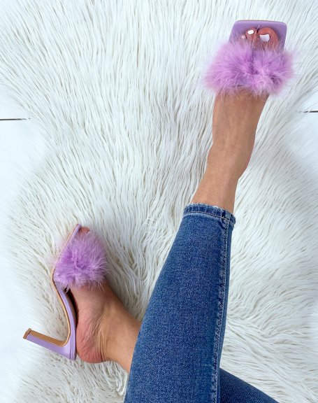 Pastel purple feathered heeled mules