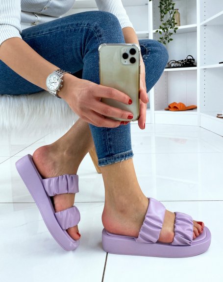 Pastel purple flat sandals with gathered straps