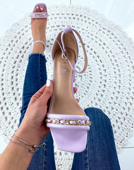 Pastel purple heeled sandals with gold chain