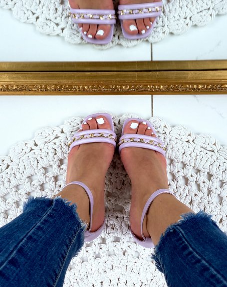 Pastel purple heeled sandals with gold chain