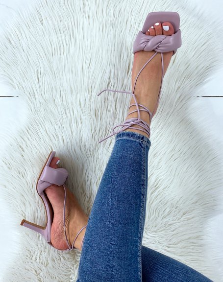 Pastel purple heeled sandals with high lace and twisted strap
