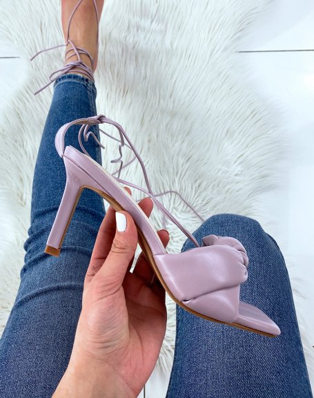 Pastel purple heeled sandals with high lace and twisted strap