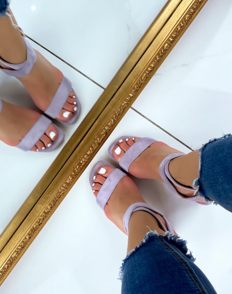 Pastel purple suedette heeled sandals with crossed straps