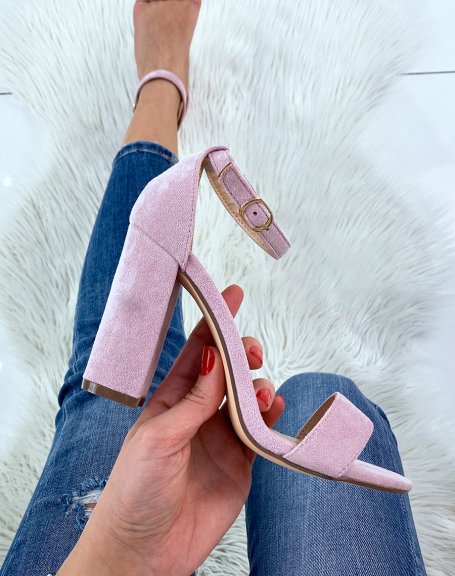 Pastel purple suedette heeled sandals with gold buckle