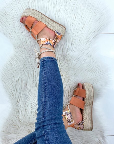 Peach wedges with floral patterns with lace and hessian sole