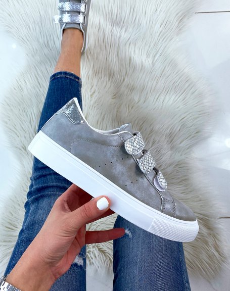 Pearl gray sneakers with python effect velcro