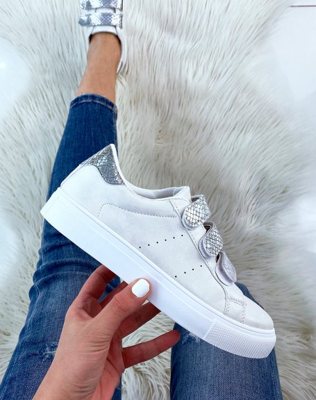 Pearly white sneakers with python-effect velcro