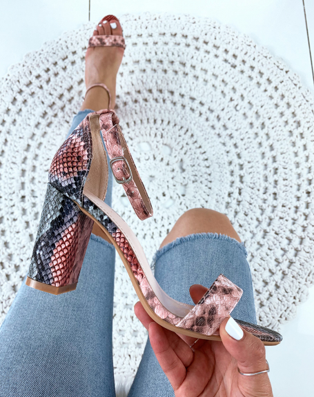 Pink and black python-effect heeled sandals