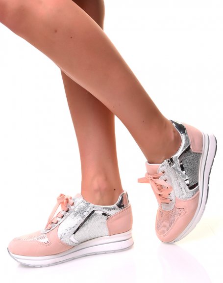 Pink and silver bi-material sneakers