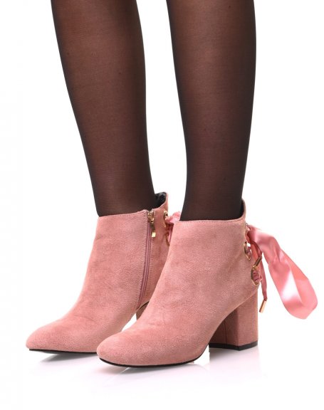 Pink ankle boots mid high heels with satin laces