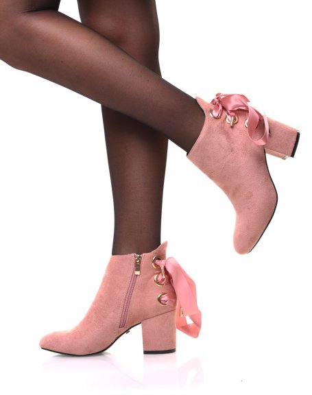 Pink ankle boots mid high heels with satin laces
