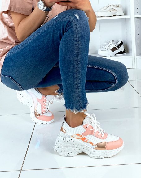 Pink bi-material platform trainers with holographic inserts