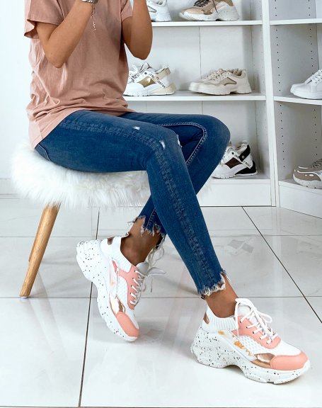 Pink bi-material platform trainers with holographic inserts