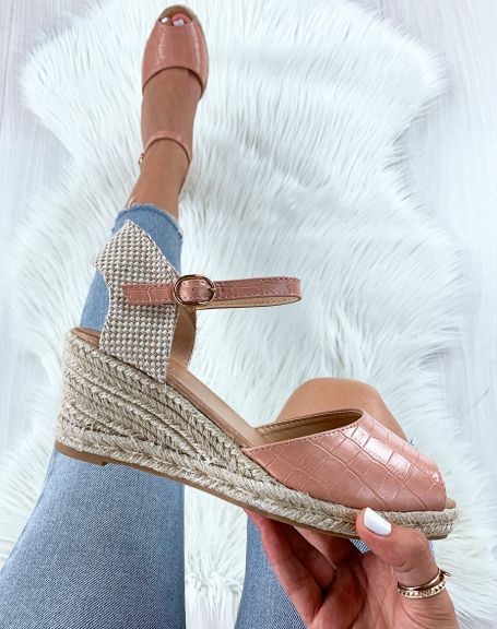 Pink croc and rope wedge espadrille sandals