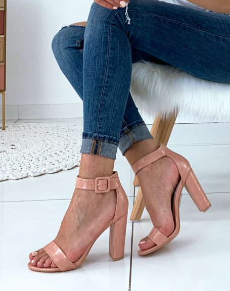 Pink croc-effect block heel sandals