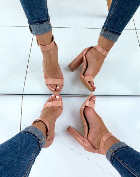 Pink croc-effect block heel sandals