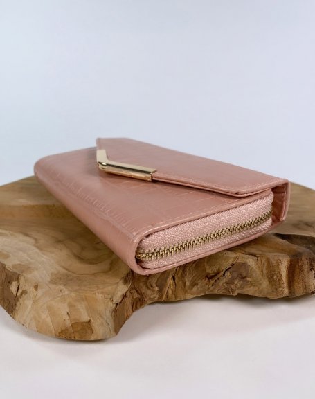 Pink croc-effect wallet with gold detail
